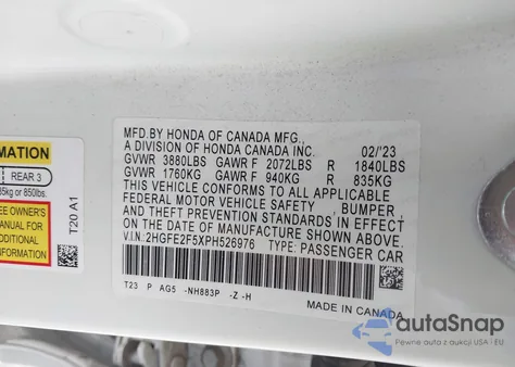 2023 Honda Civic Sport z USA, uszkodzony, nr VIN 2HGFE2F5XPH526976